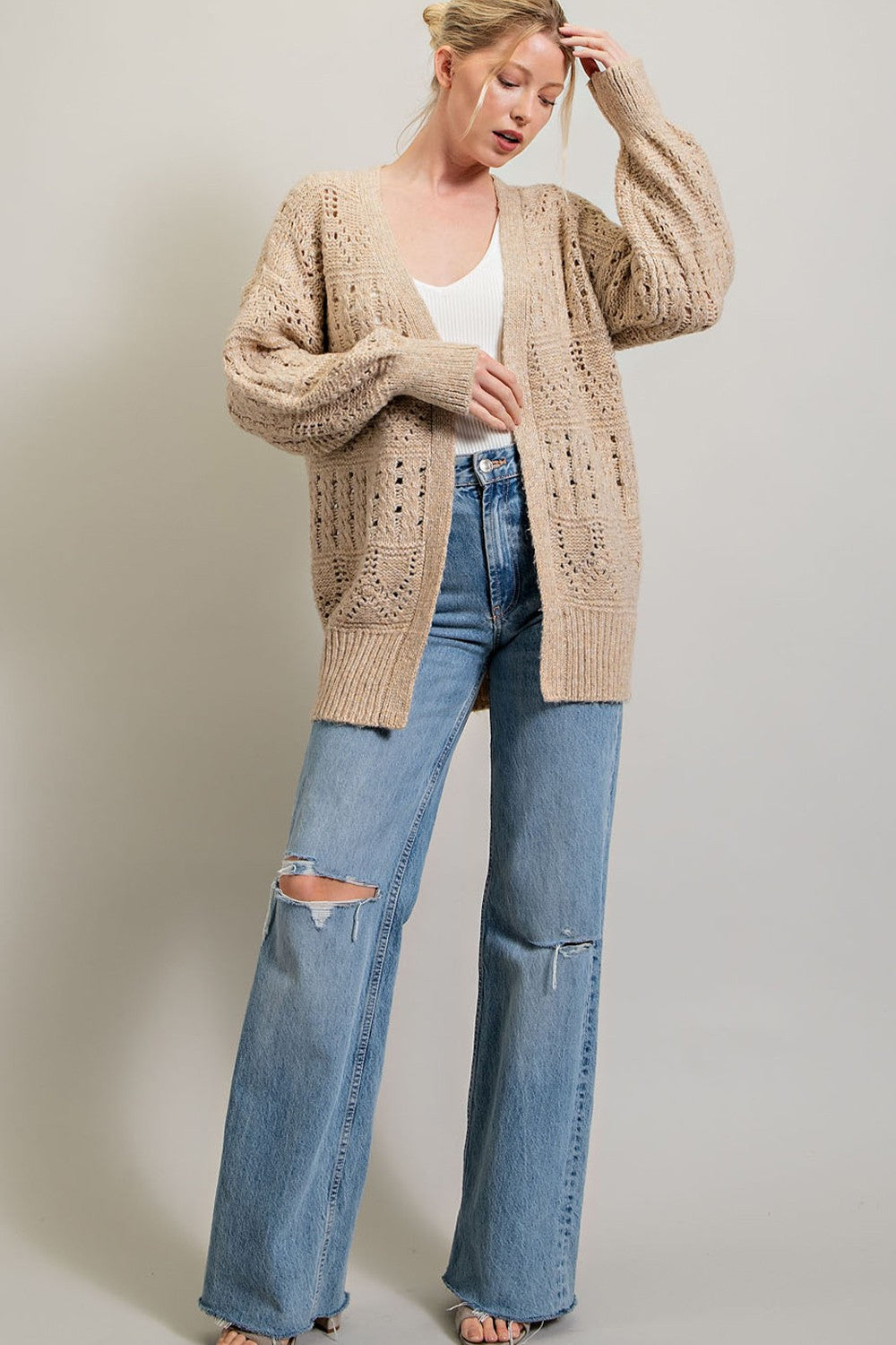 Open Front Crochet Cardigan-Oatmeal