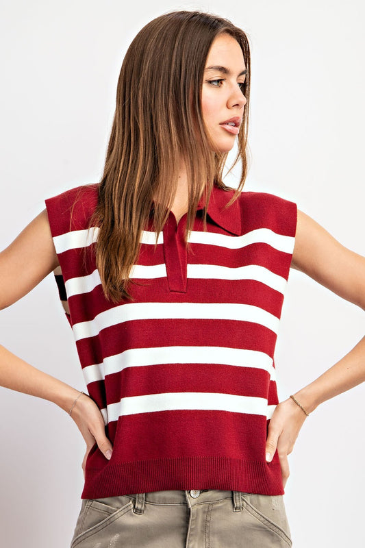 Sleeveless Striped Collared Ribbed Knit Top-Merlot White