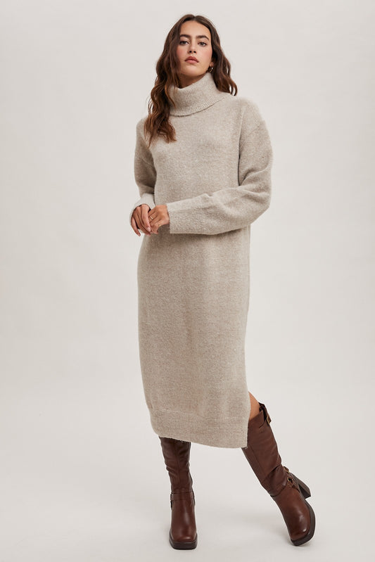 Turtleneck Sweater Knit Midi Dress-Oatmeal