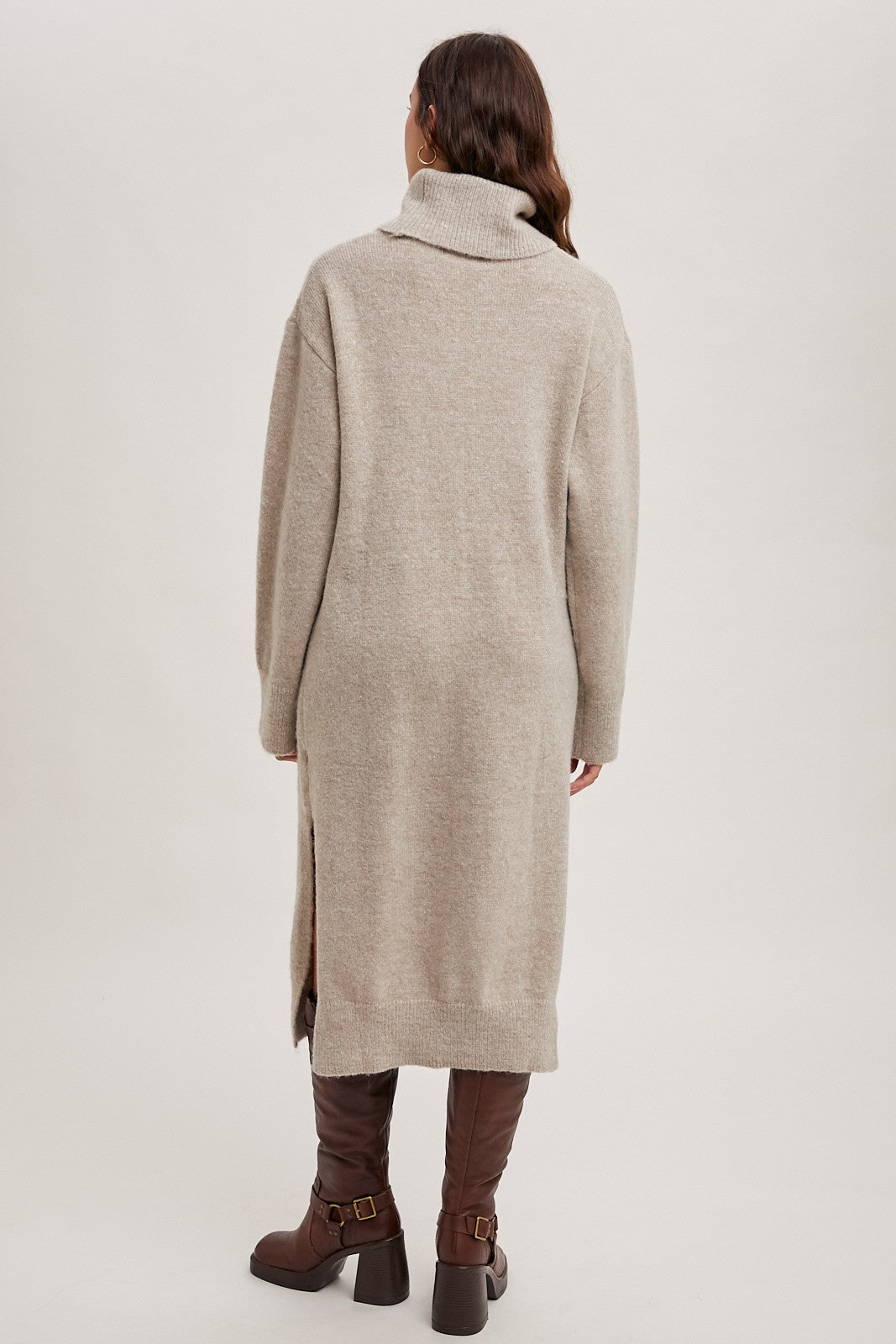 Turtleneck Sweater Knit Midi Dress-Oatmeal