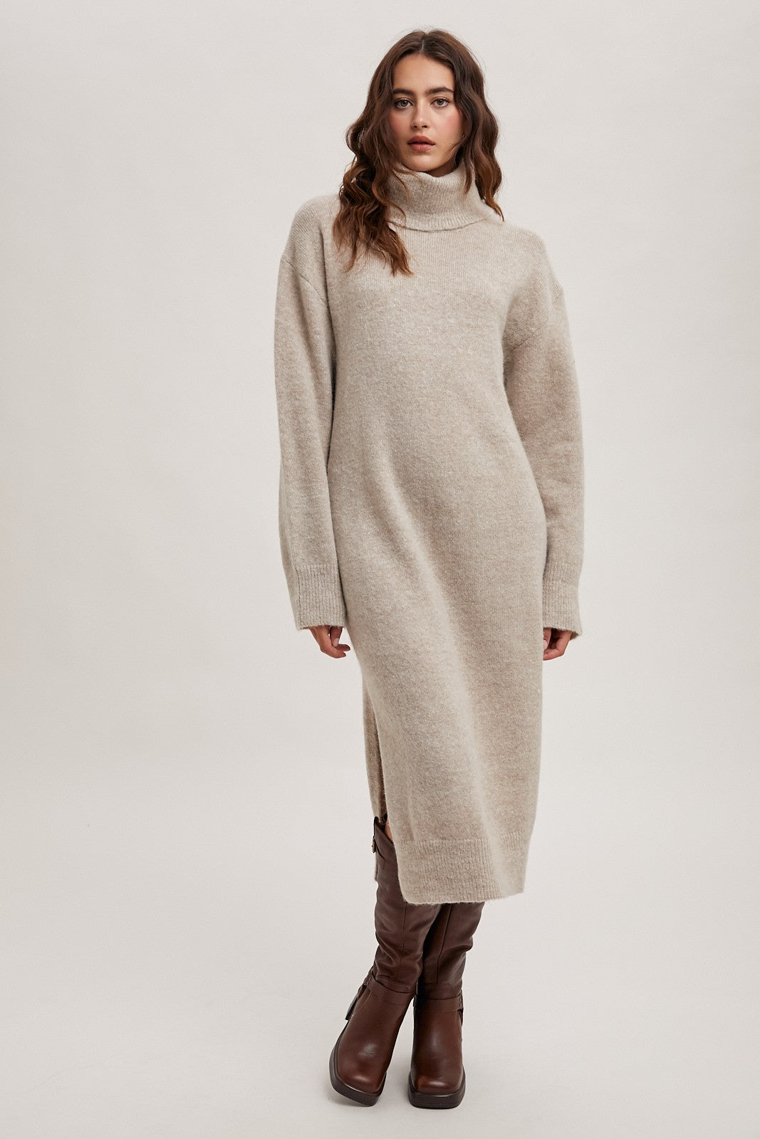 Turtleneck Sweater Knit Midi Dress-Oatmeal