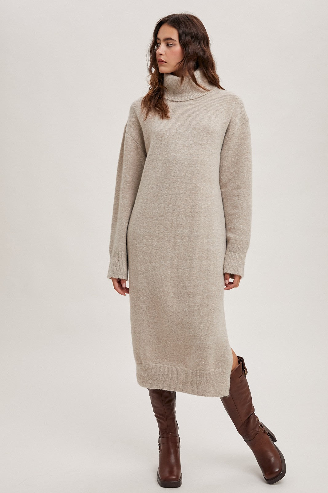 Turtleneck Sweater Knit Midi Dress-Oatmeal