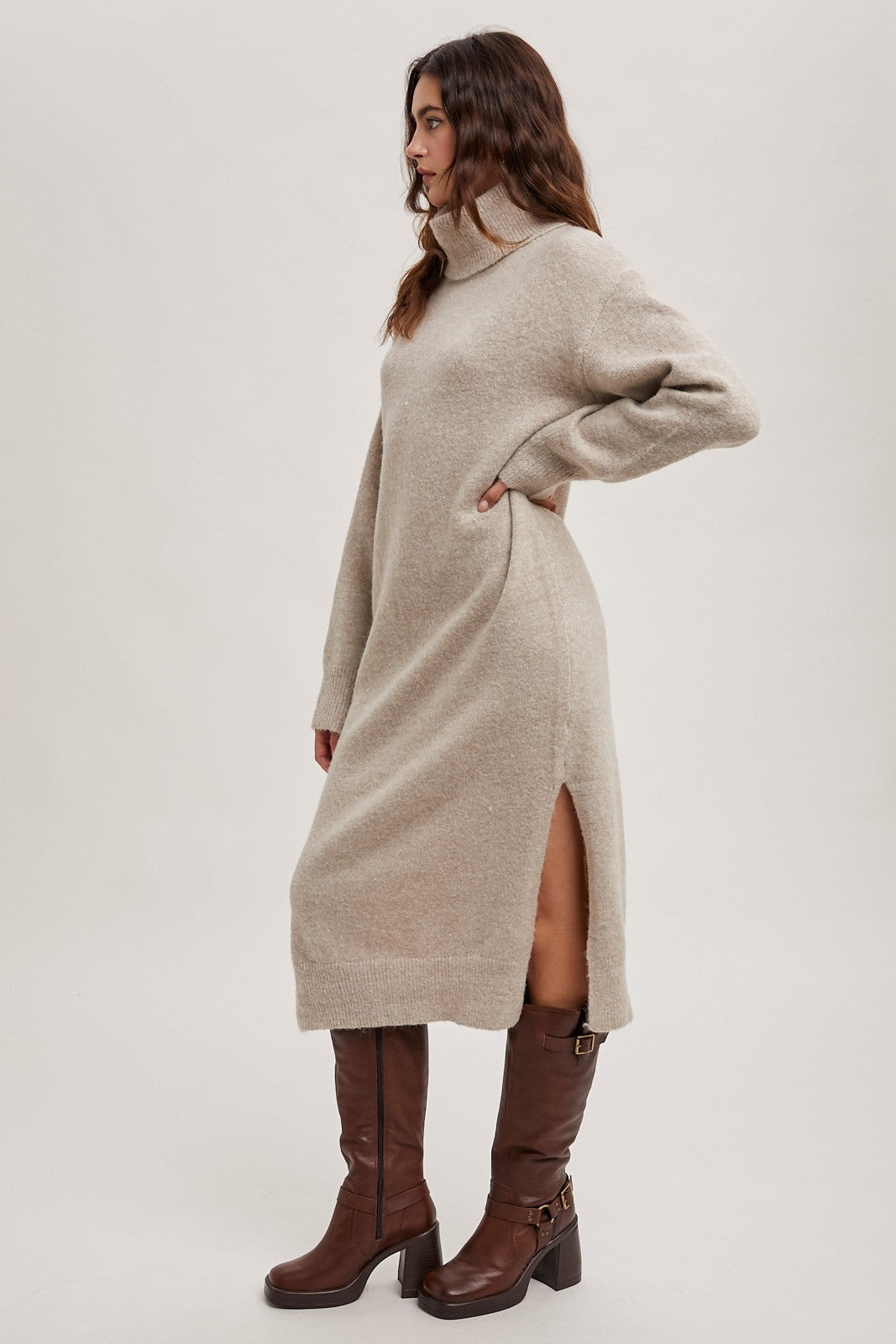 Turtleneck Sweater Knit Midi Dress-Oatmeal