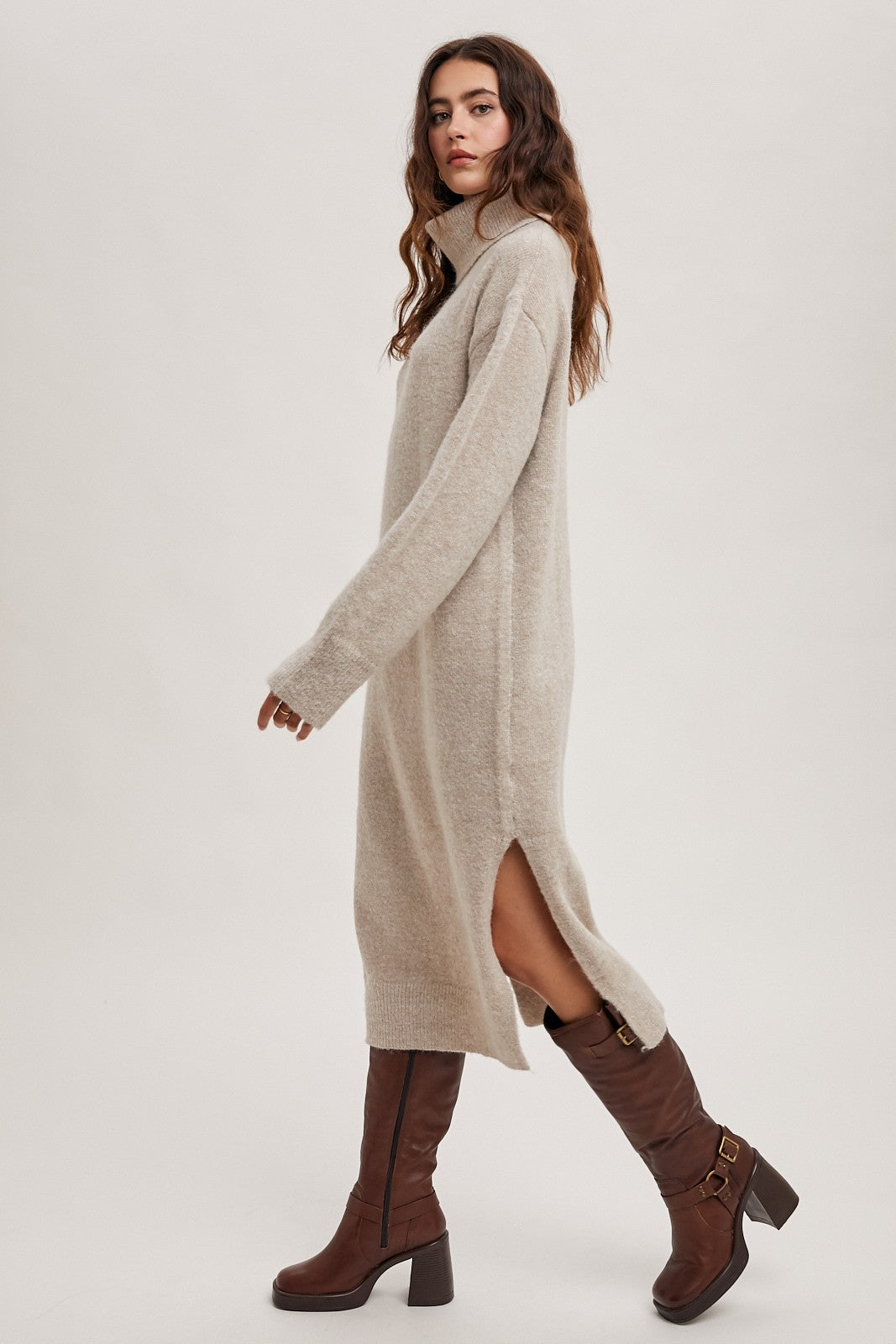 Turtleneck Sweater Knit Midi Dress-Oatmeal