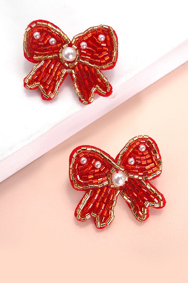 Seed Bead Ribbon Bow Earrings-Red