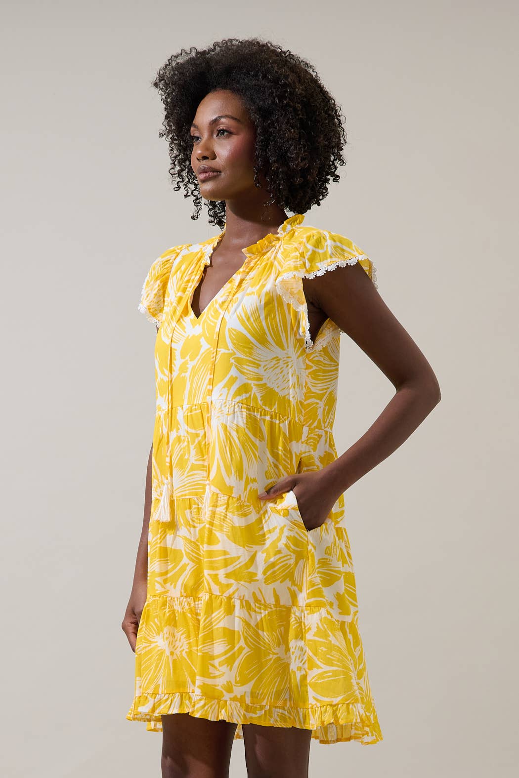 Floral Tiered Flutter Sleeve Dress-Yellow Cream Flowy | Women's Dresses - Erma Jean Floral Tiered Flutter Sleeve Dress-Yellow Cream Flowy | Women's Dresses - Erma Jean