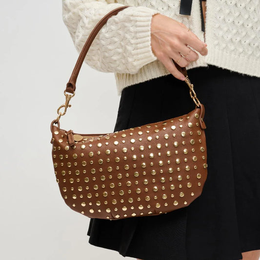 Vegan Leather Studded Handbag-Chocolate