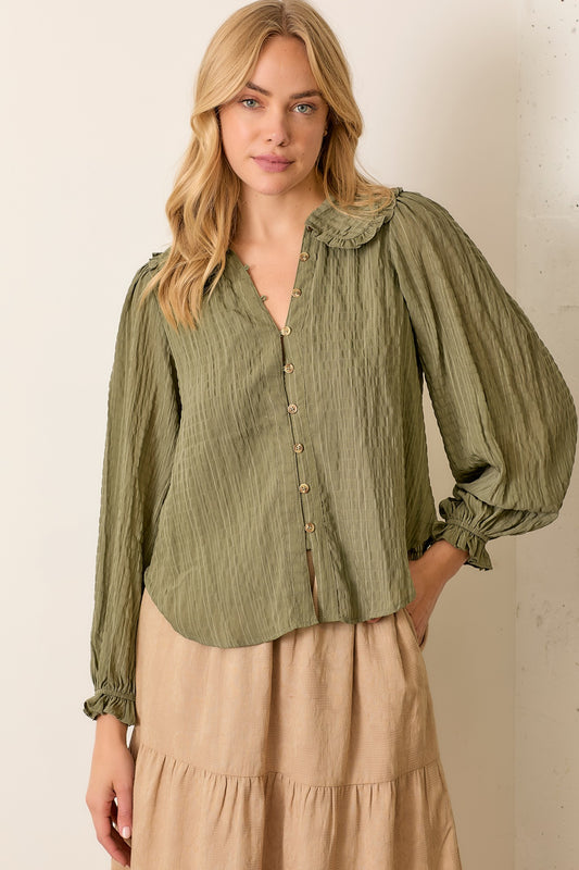 Long Sleeve Crinkle Fabric Button Blouse-Olive