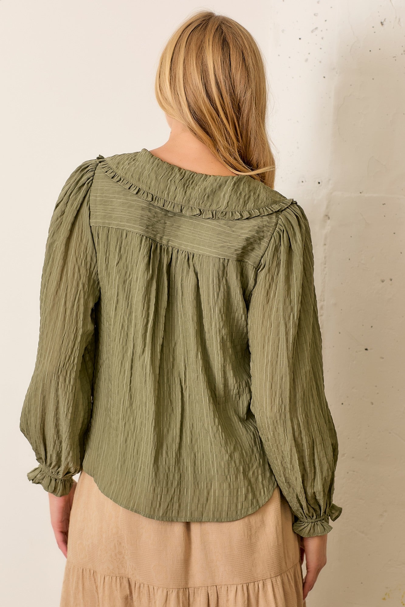 Long Sleeve Crinkle Fabric Button Blouse-Olive