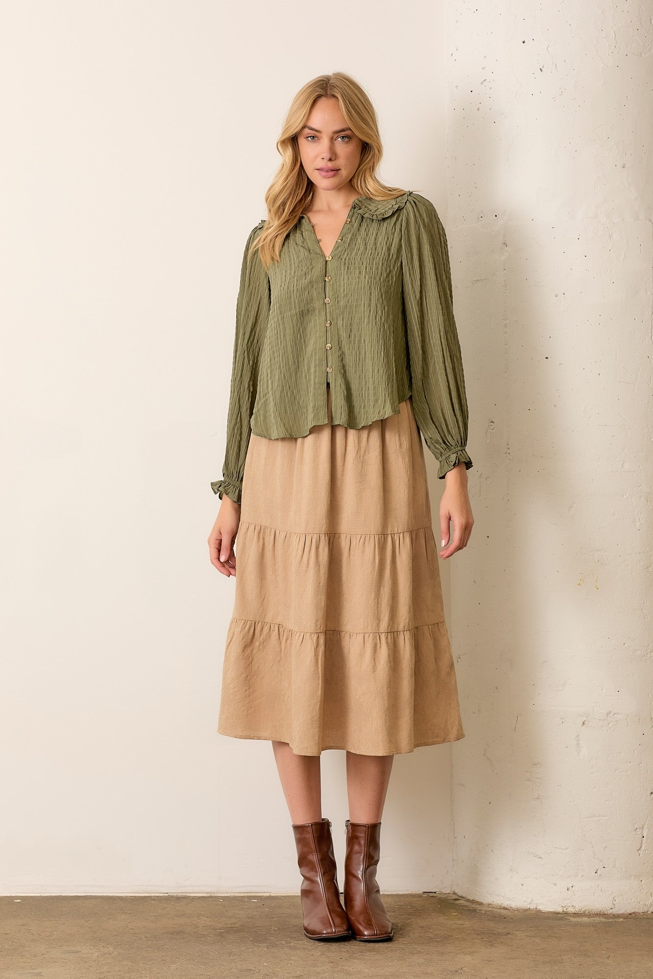 Long Sleeve Crinkle Fabric Button Blouse-Olive