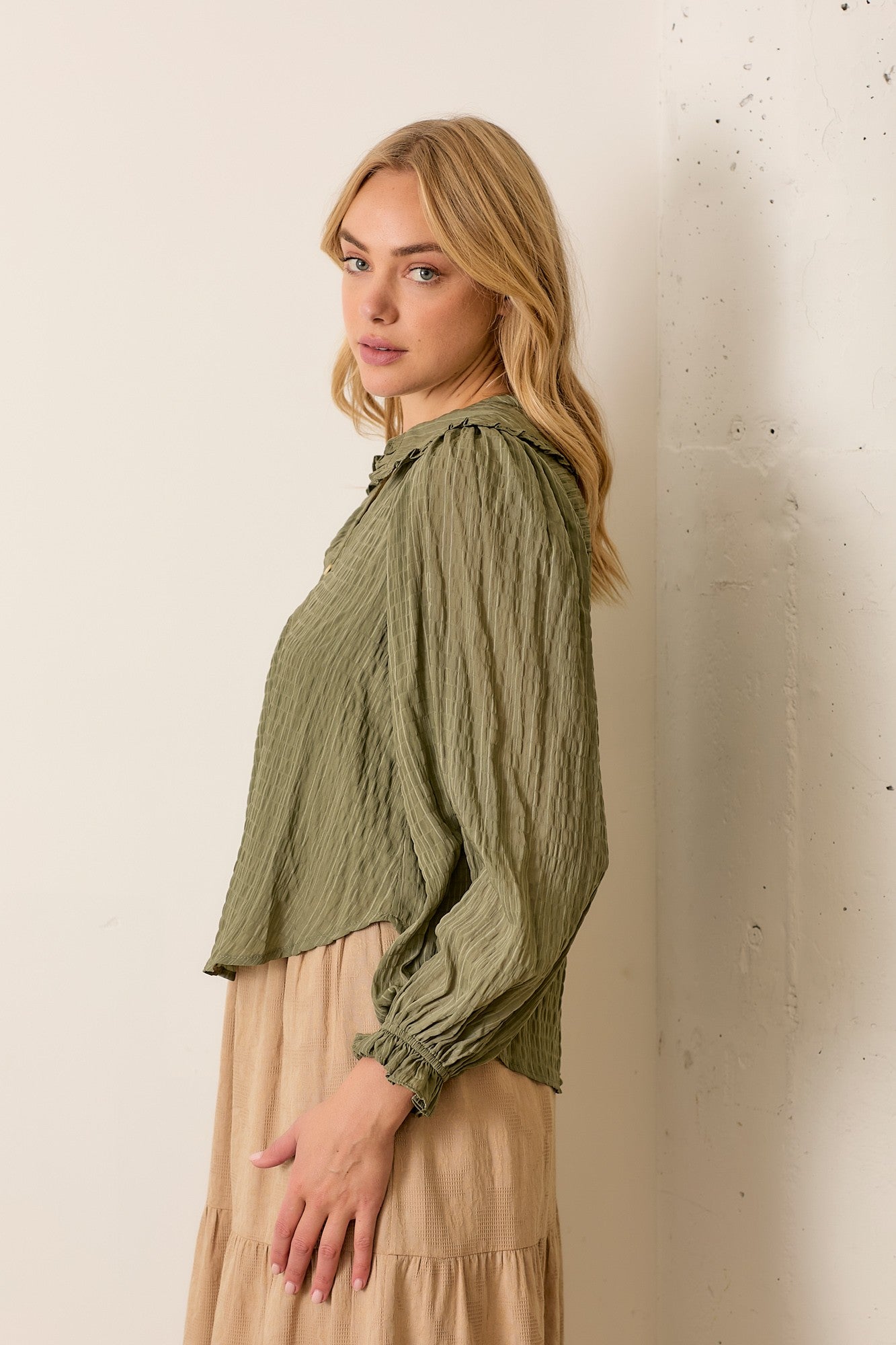 Long Sleeve Crinkle Fabric Button Blouse-Olive