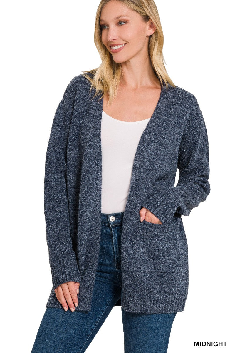 Long Sleeve Sweater Cardigan-Heather Midnight