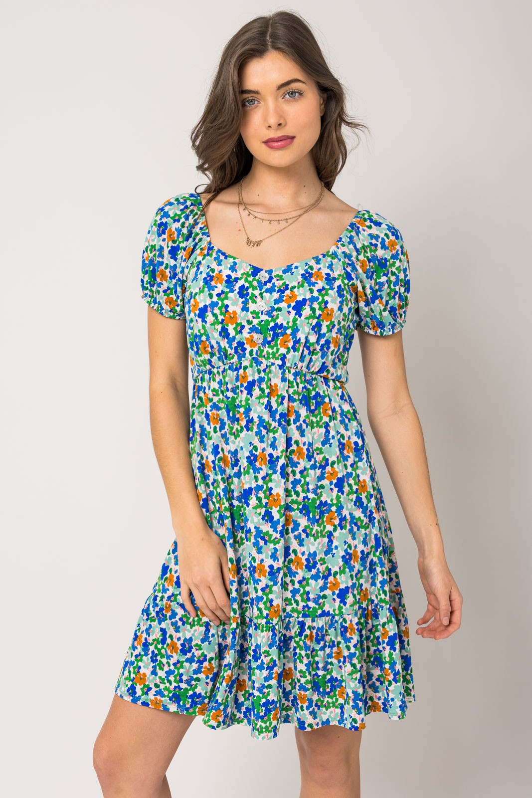 Sweet Heart Neck Floral Dress-Blue