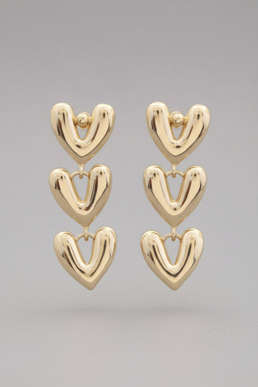 Triple Puffy Heart Dangle Earrings-Gold