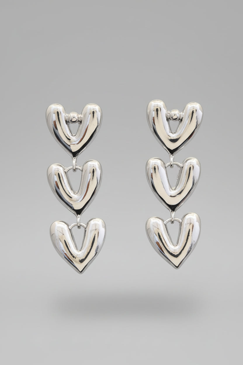 Triple Puffy Heart Dangle Earrings-Rhodium