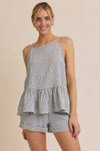 Julia Spaghetti Strap Ruffle Hem Striped Top-Navy White