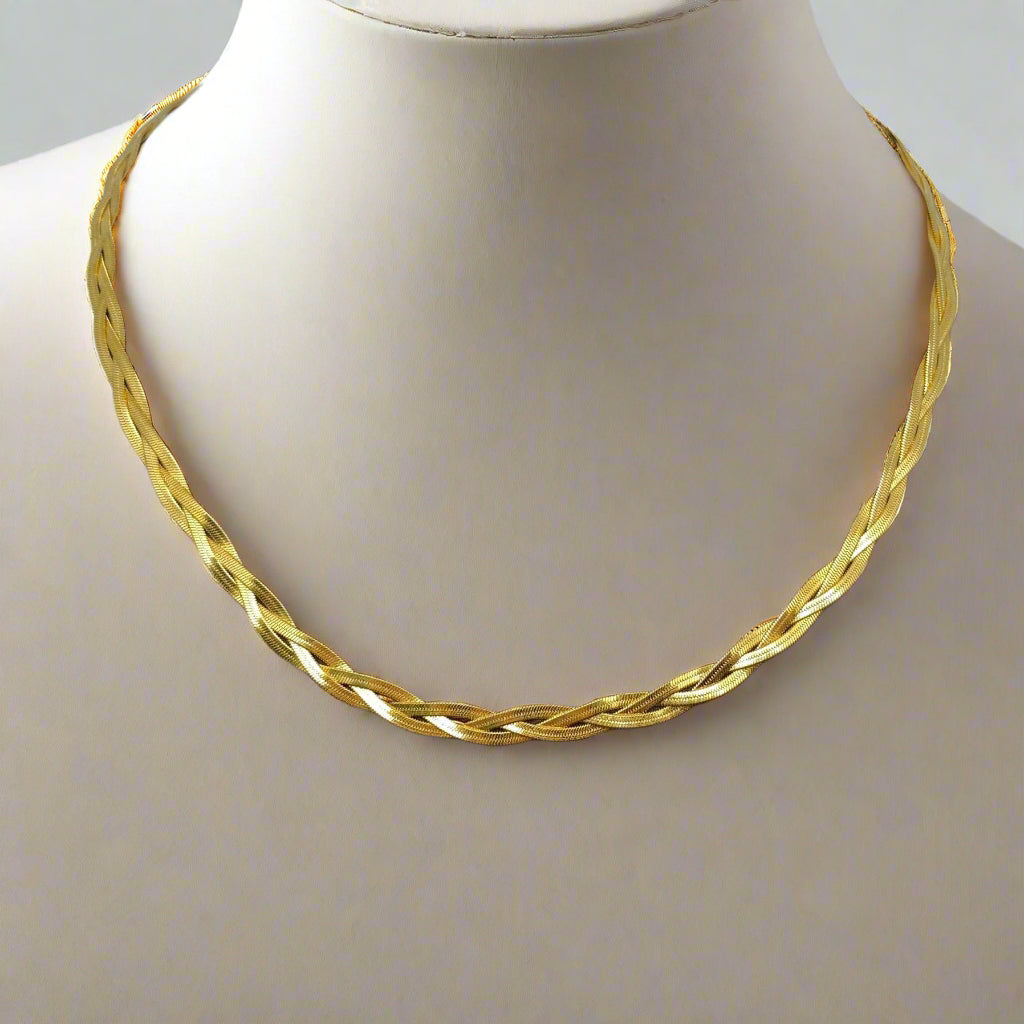 18K Non-Tarnish Braided Snake Chain Necklace-Gold