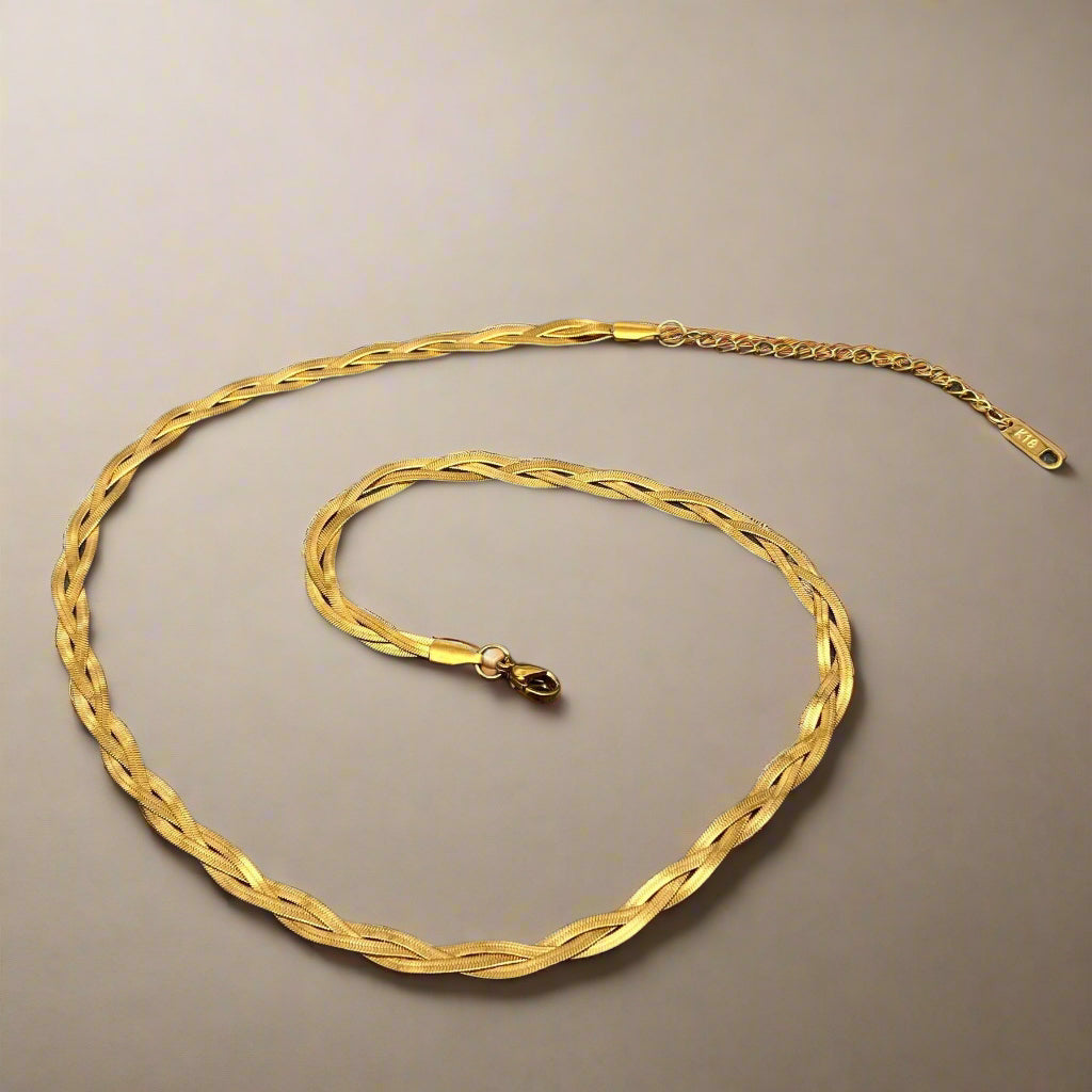 18K Non-Tarnish Braided Snake Chain Necklace-Gold