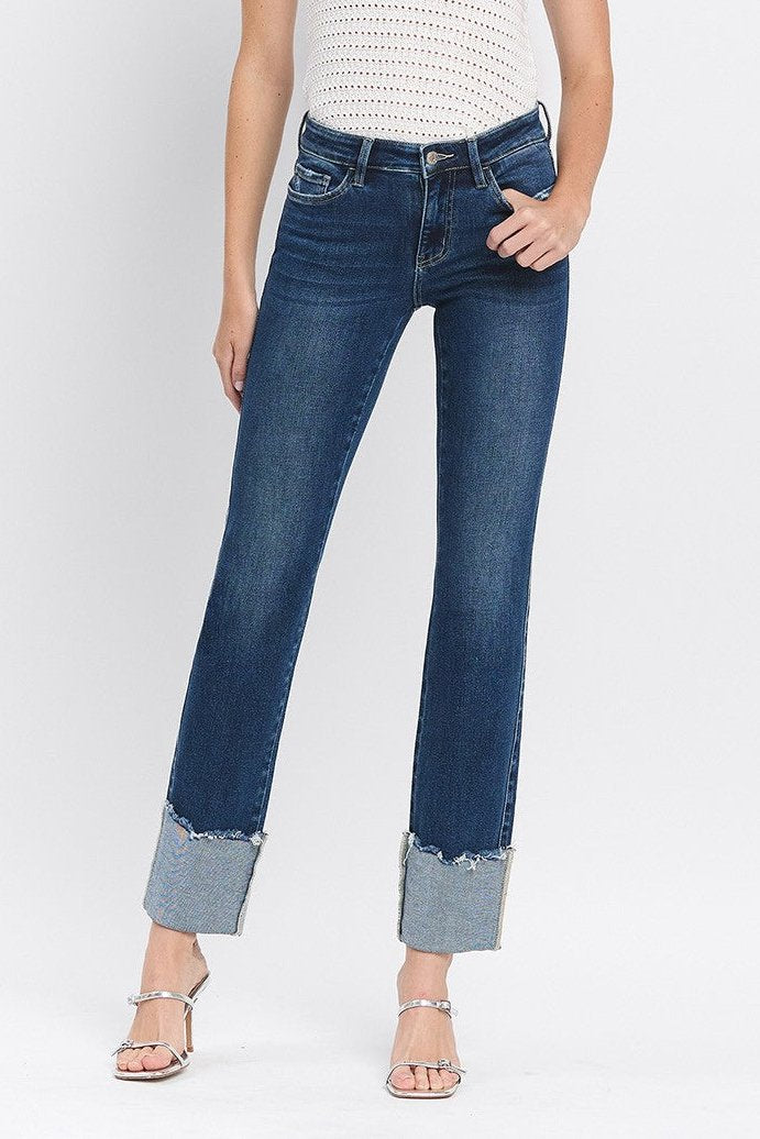 Mid Rise Straight Cuff Denim-Dark