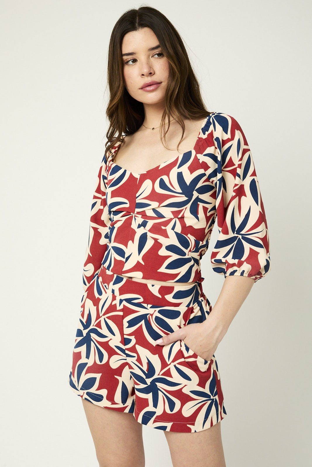 Abstract Floral Smocked Top and Short Set-Rust Navy