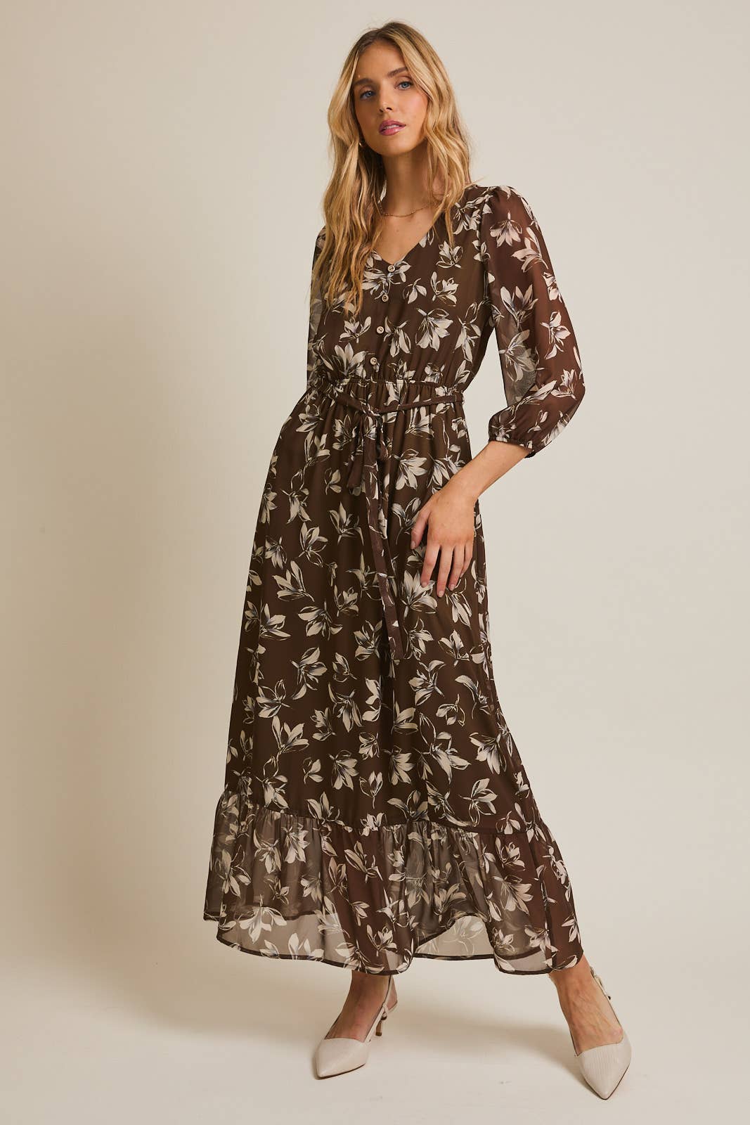Women's Brown  and Cream Floral Tiered Maxi Dress