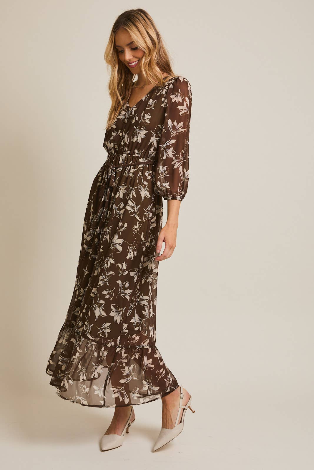 Women's Brown  and Cream Floral Tiered Maxi Dress