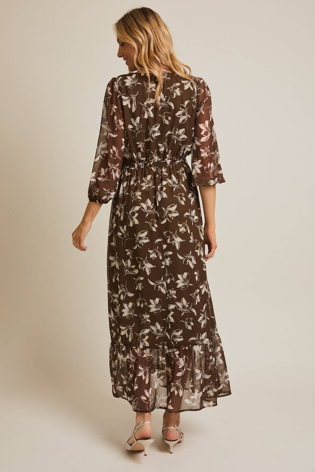 Women's Brown  and Cream Floral Tiered Maxi Dress