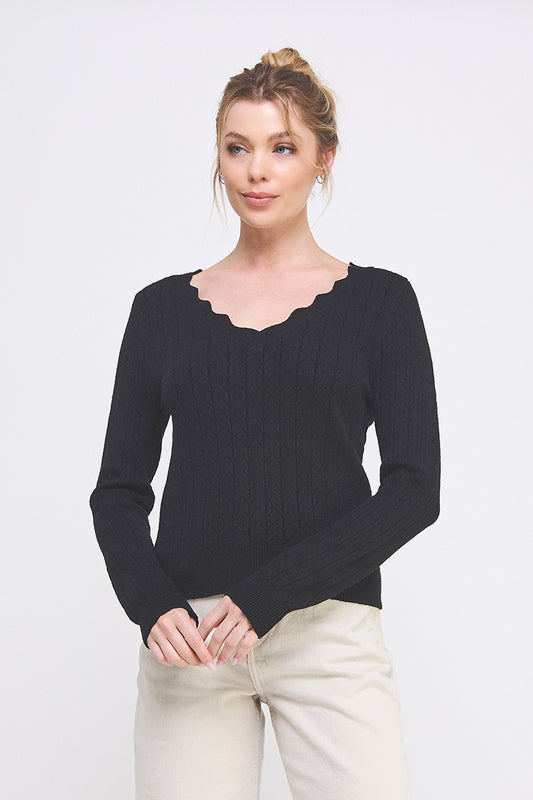 Fine Gauge Pointelle Knit Scalloped V-Neck Sweater-Black