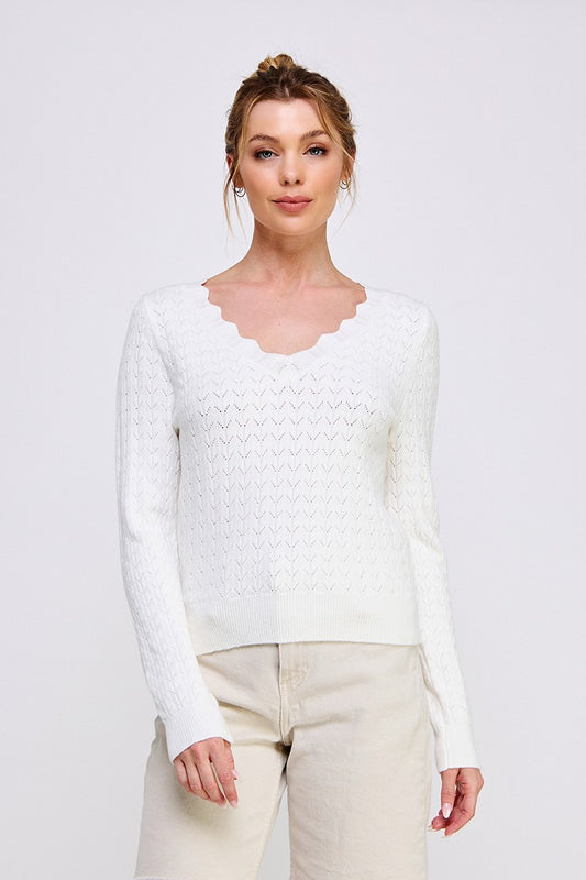 Fine Gauge Pointelle Knit Scalloped V-Neck Sweater-Off White