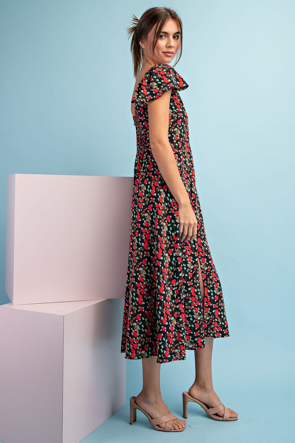 Short Sleeve Floral Print Midi Dress-Black/Red