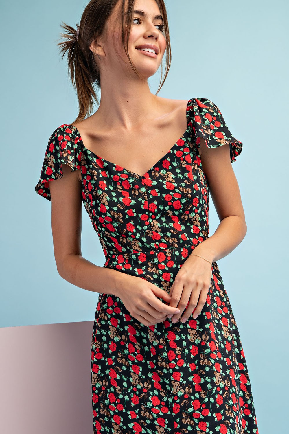 Short Sleeve Floral Print Midi Dress-Black/Red