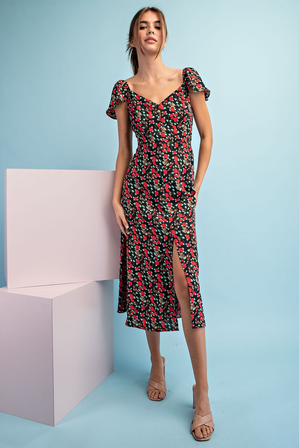 Short Sleeve Floral Print Midi Dress-Black/Red