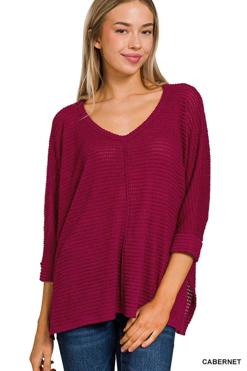 V-Neck Jacquard Top-Cabernet