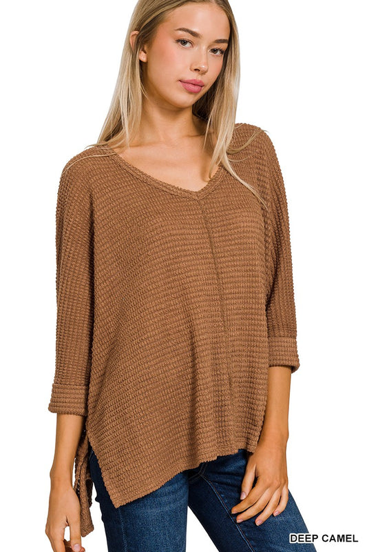 V-Neck Jacquard Top-Deep Camel