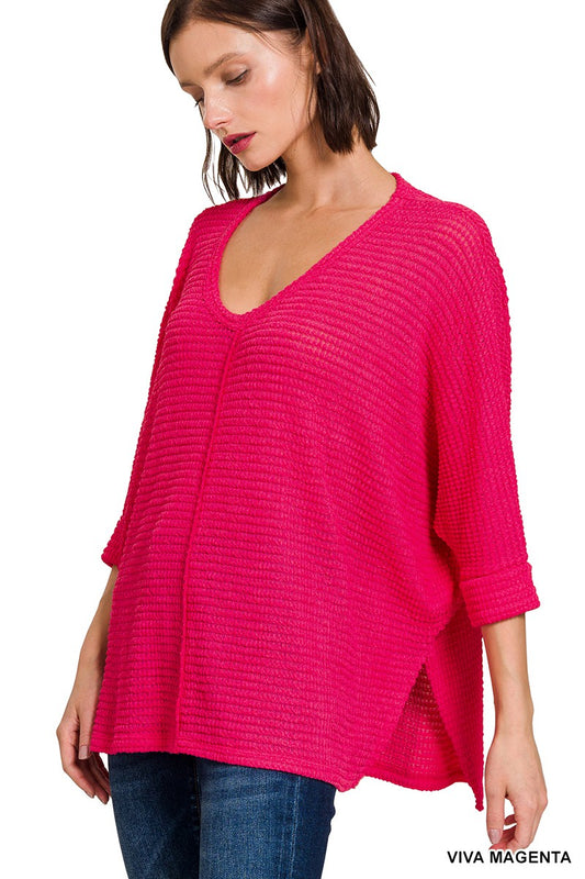 V-Neck Jacquard Top-Viva Magenta