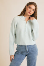 Woman wearing Mock Neck Zip Up Ribbed Sweater-Ice Blue