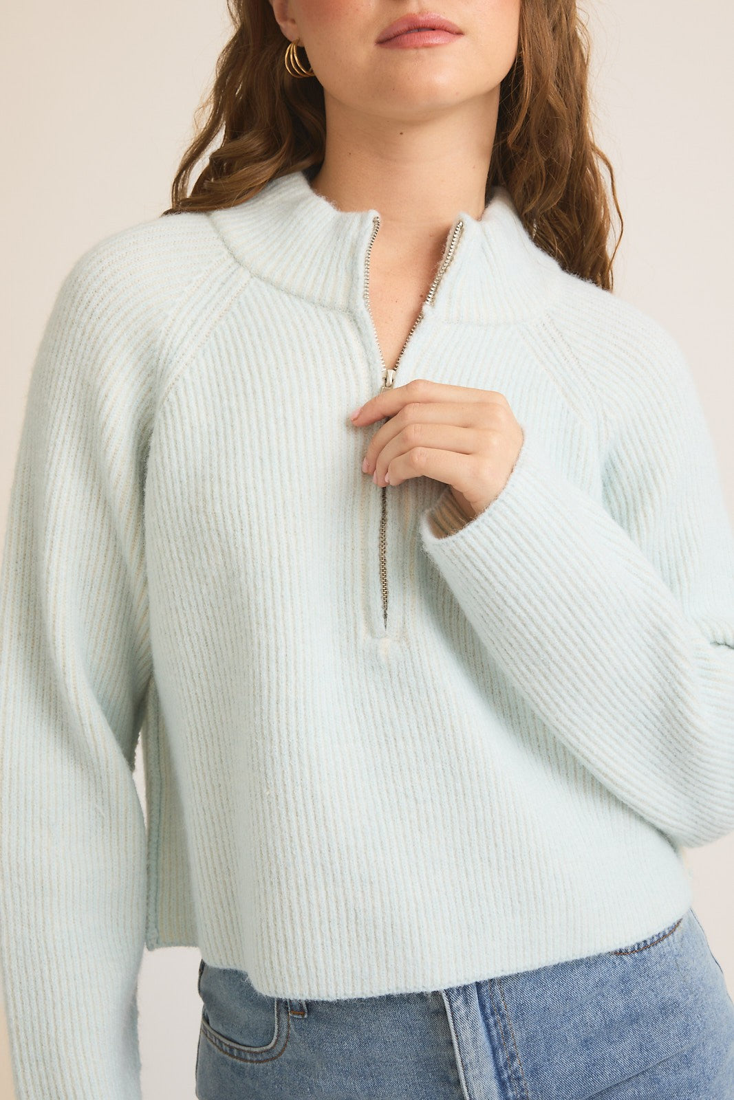 Mock Neck Zip Up Ribbed Sweater-Baby Blue Cream