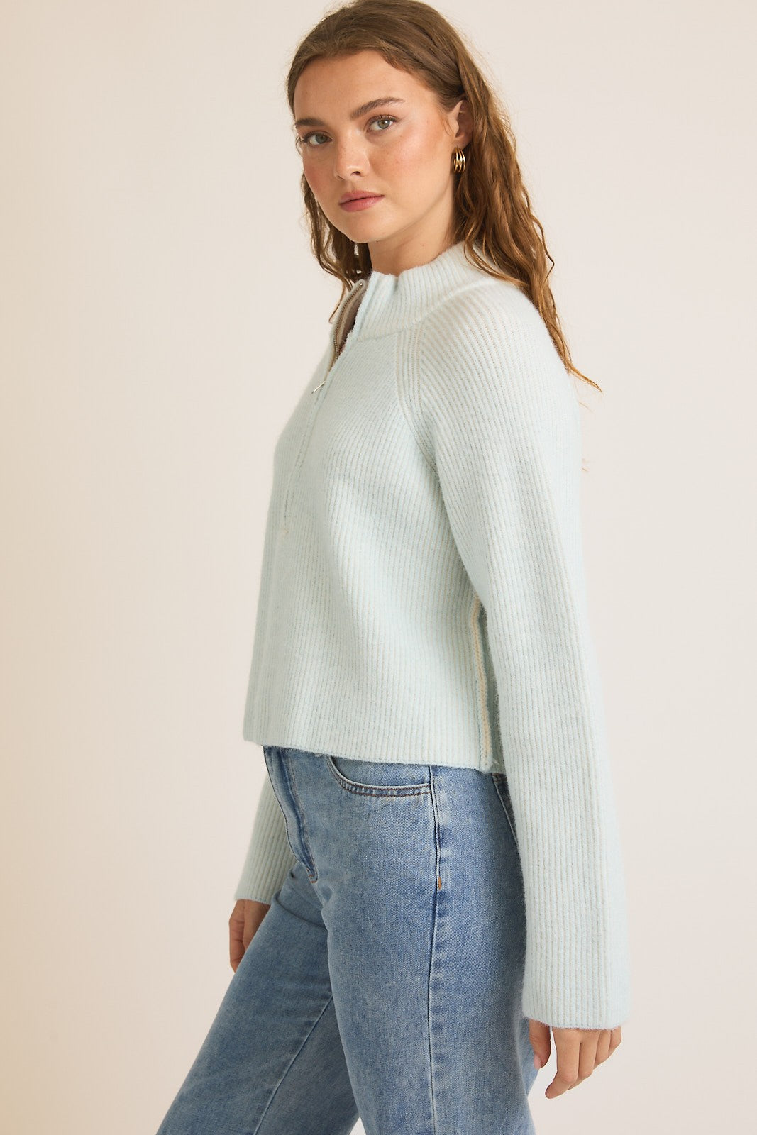 Mock Neck Zip Up Ribbed Sweater-Baby Blue Cream