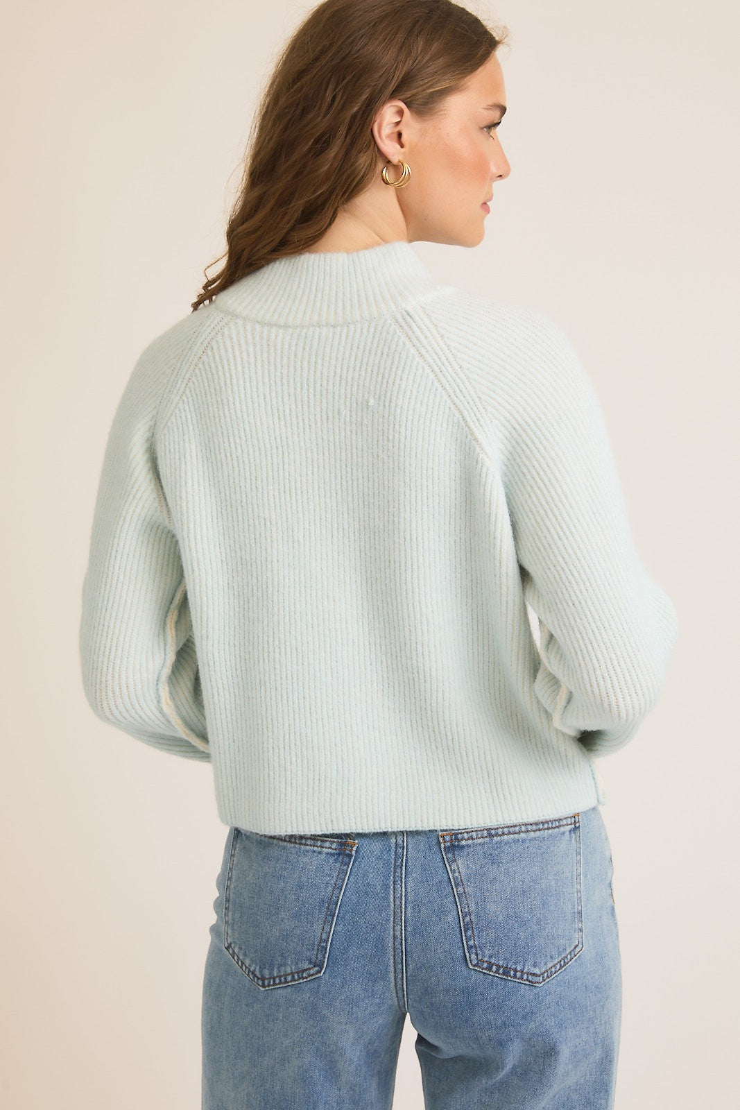 Woman wearing Mock Neck Zip Up Ribbed Sweater-Ice Blue