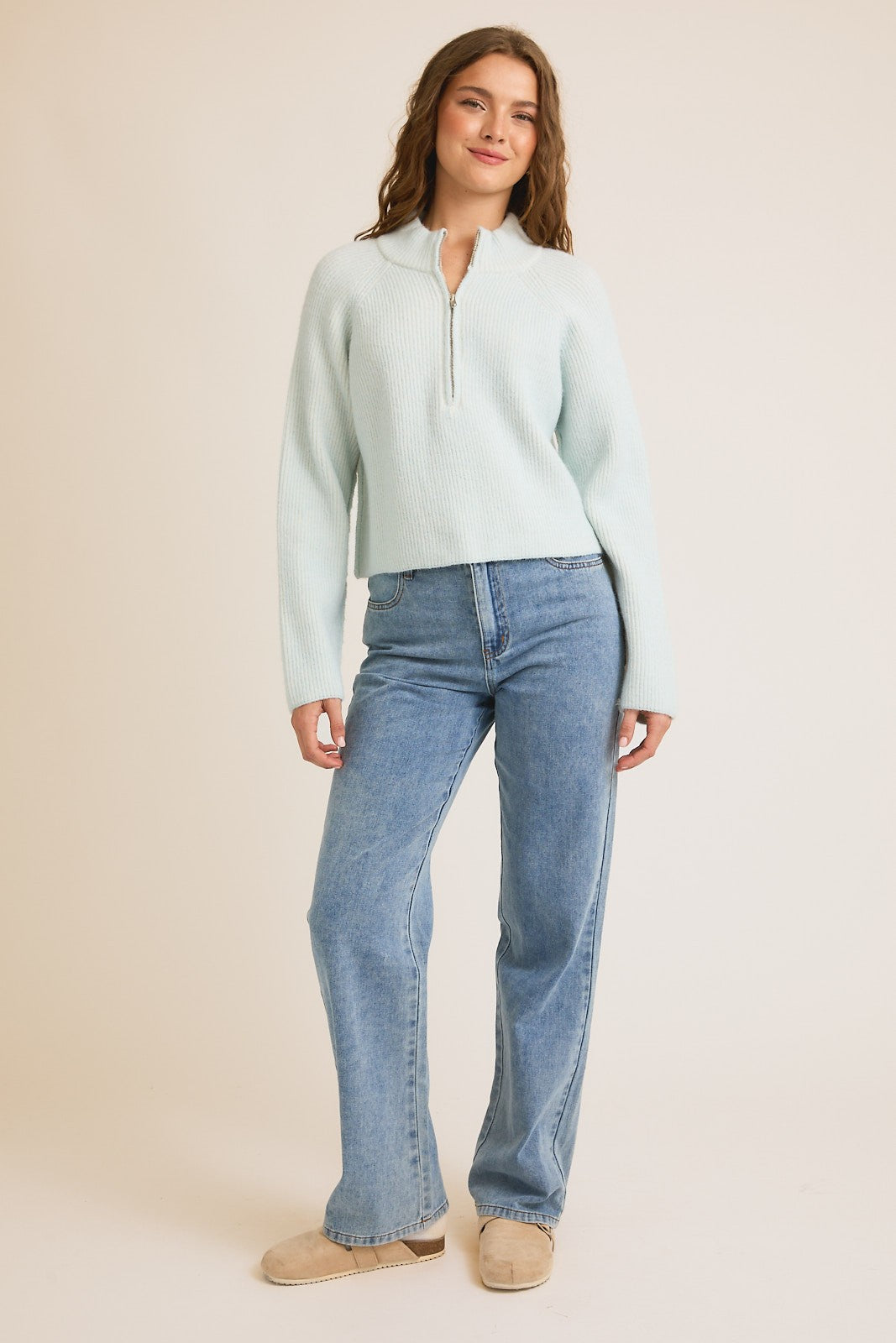 Mock Neck Zip Up Ribbed Sweater-Baby Blue Cream