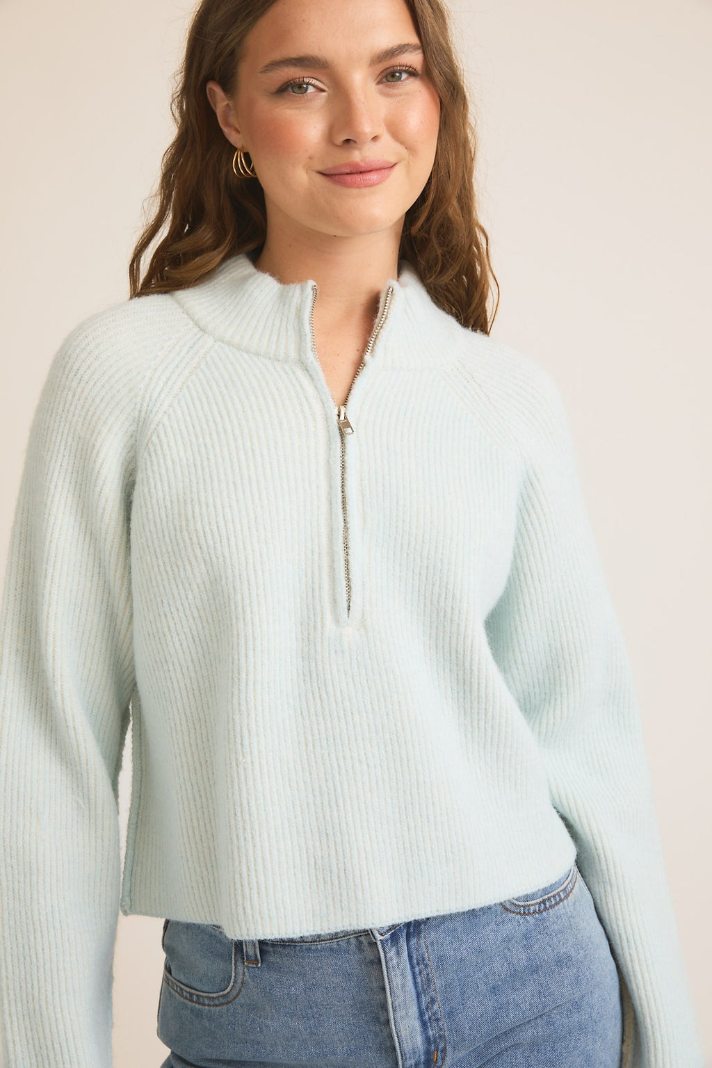 Woman wearing Mock Neck Zip Up Ribbed Sweater-Ice Blue