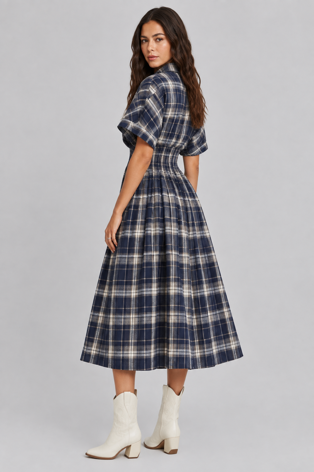 Kathryn Pin Tuck Waist Midi Dress-Navy Cream Plaid