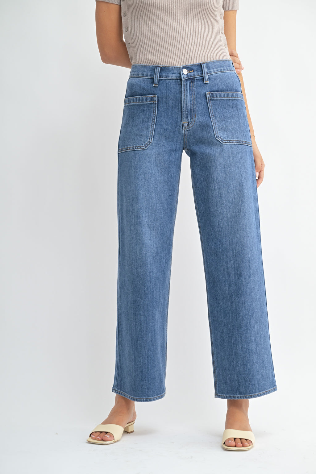 Patch Pocket Straight Wide Leg Denim-Medium