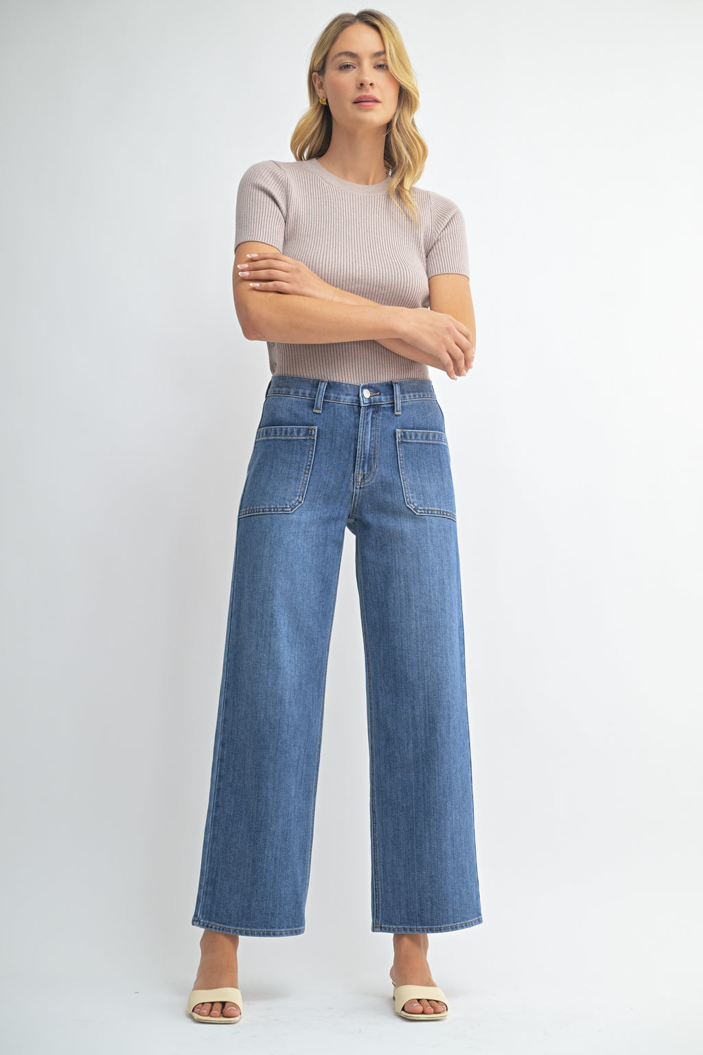 Patch Pocket Straight Wide Leg Denim-Medium
