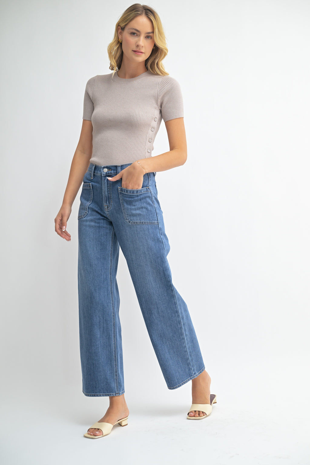 Patch Pocket Straight Wide Leg Denim-Medium