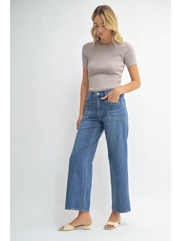 Patch Pocket Straight Wide Leg Denim-Medium