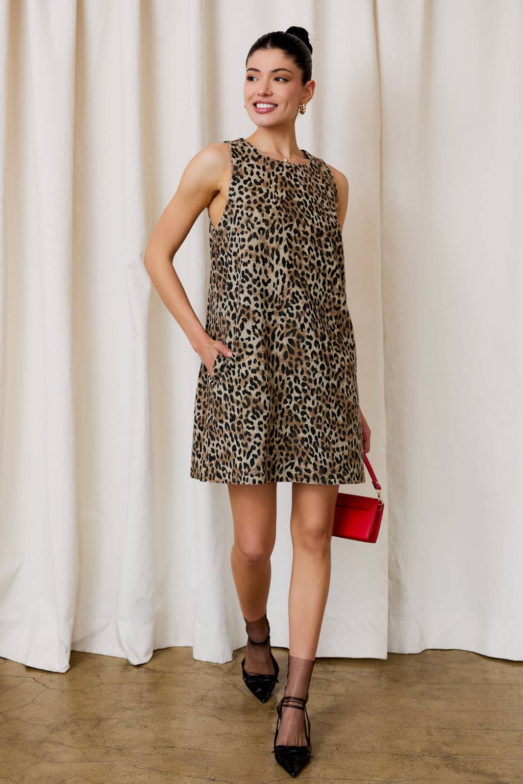 Sleeveless Animal Print Dress-Black Brown
