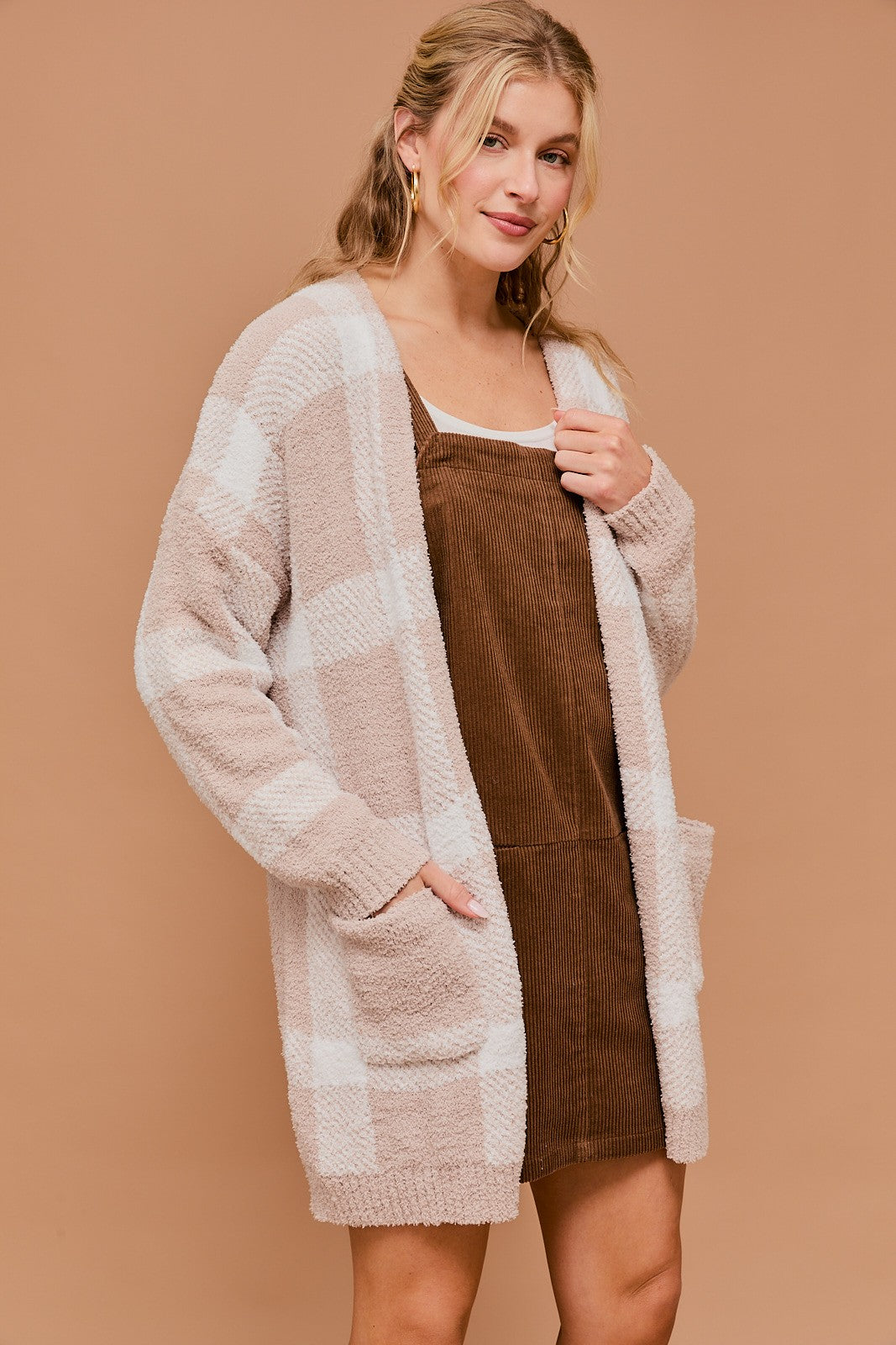 Long Sleeve Plaid Cardigan-Taupe White