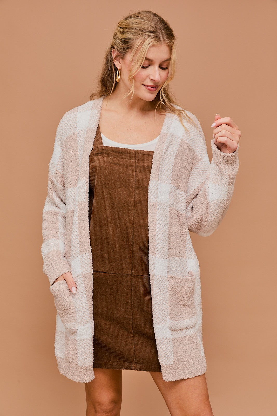 Long Sleeve Plaid Cardigan-Taupe White