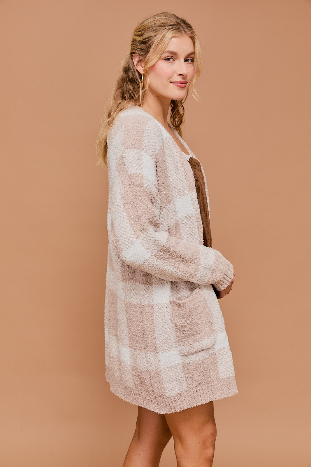 Long Sleeve Plaid Cardigan-Taupe White